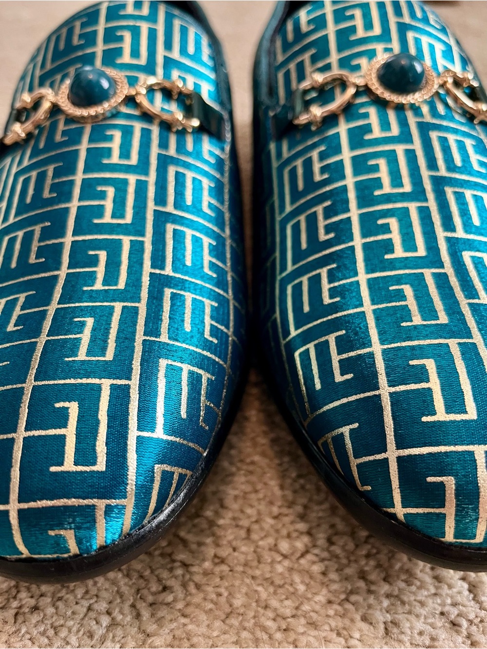Teal Patterned Loafers with Gold Chain Accent - Picture 3 of 7